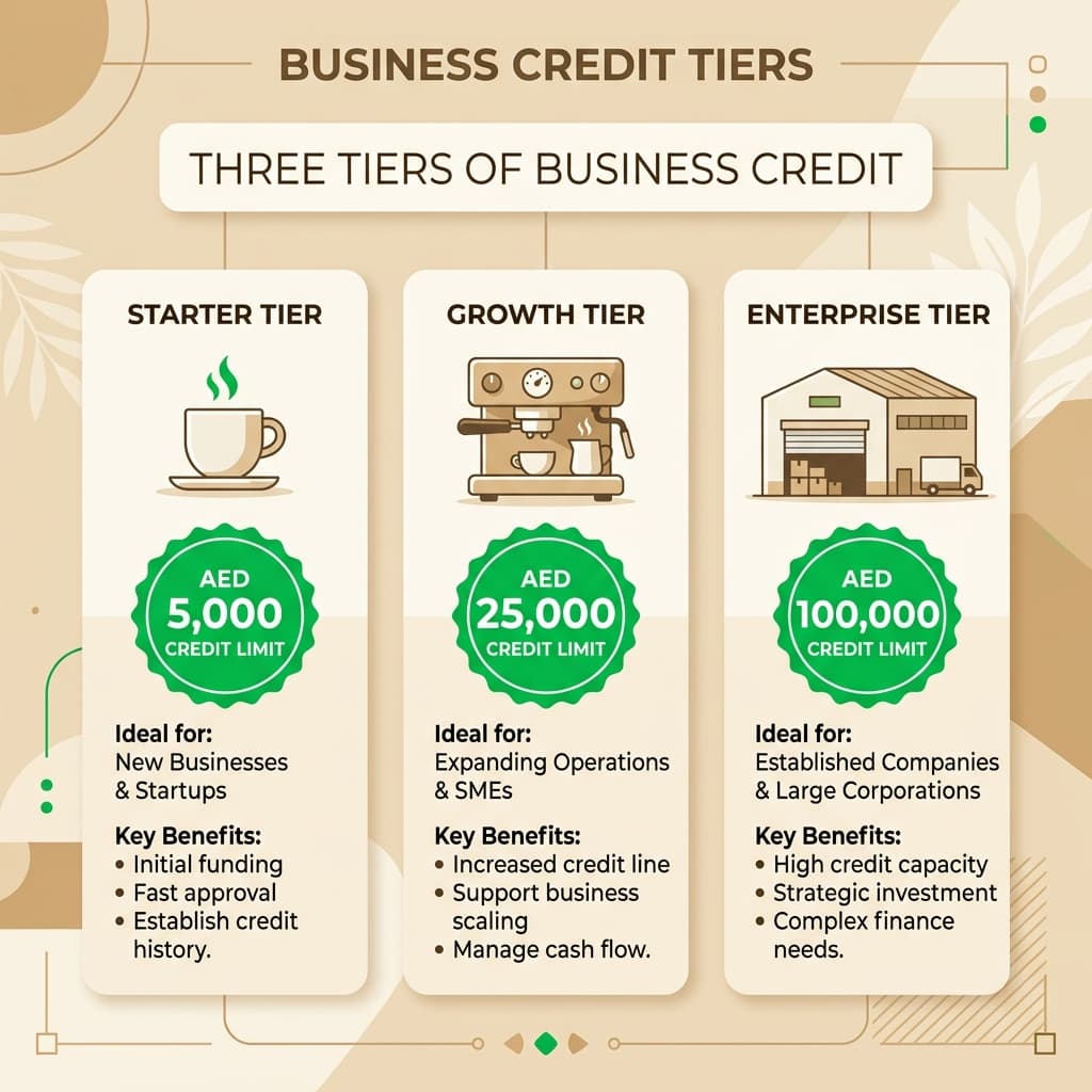 Credit tiers: Starter AED 5,000, Growth AED 25,000, Enterprise AED 100,000
